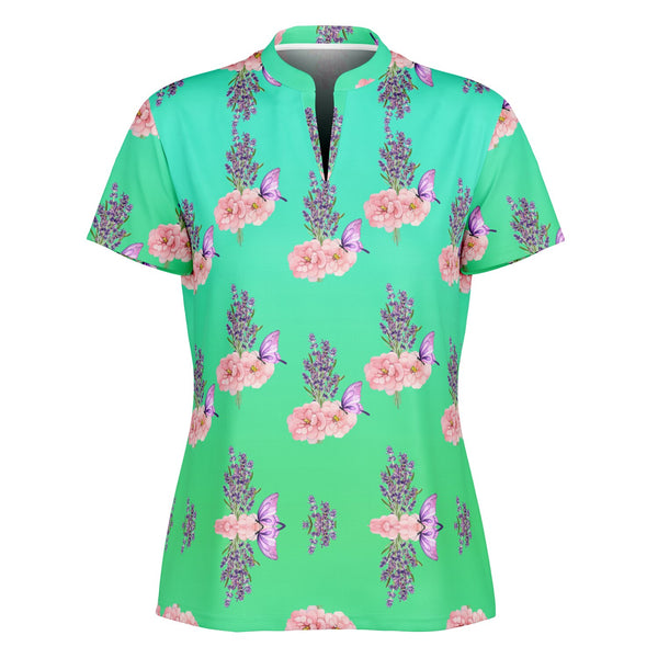 Teal Flower Butterfly Stand Up Collar Polo