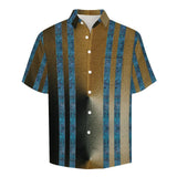 Gold Tone Double Side Stripe Pattern Faux Linen Button Down Shirt with chest pocket