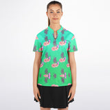 Teal Flower Butterfly Stand Up Collar Polo