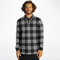 Black and Gray Plaid Long Sleeve Polo