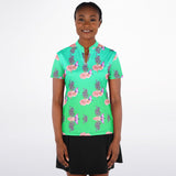 Teal Flower Butterfly Stand Up Collar Polo