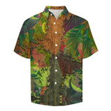 Tropical Leaf Wooden Texture Pattern Faux Linen Button Down Shirt with chest pocket