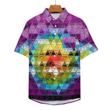 Rainbow Sunset Polygonal Pattern  Faux Linen Button Down Shirt with chest pocket