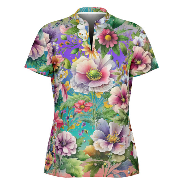 Women's Flowers Stand Up Collar Polo