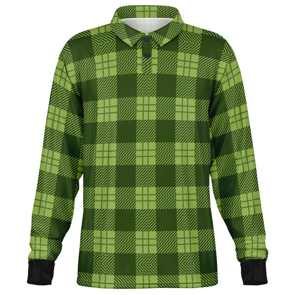 Green Leaves Plaid Long Sleeve Polo