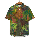 Tropical Leaf Wooden Texture Pattern Faux Linen Button Down Shirt with chest pocket