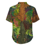 Tropical Leaf Wooden Texture Pattern Faux Linen Button Down Shirt with chest pocket