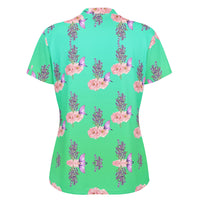 Teal Flower Butterfly Stand Up Collar Polo