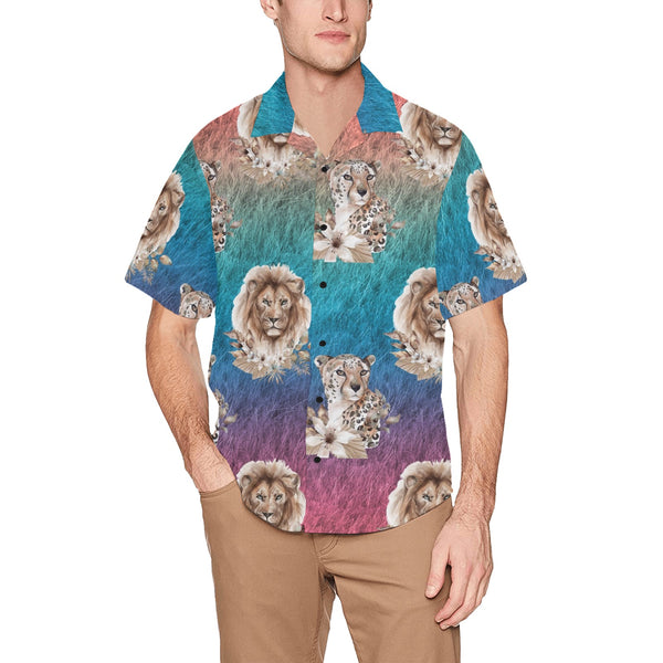 Ombre Cheetah Lion Hawaiian Shirt with Chest Pocket